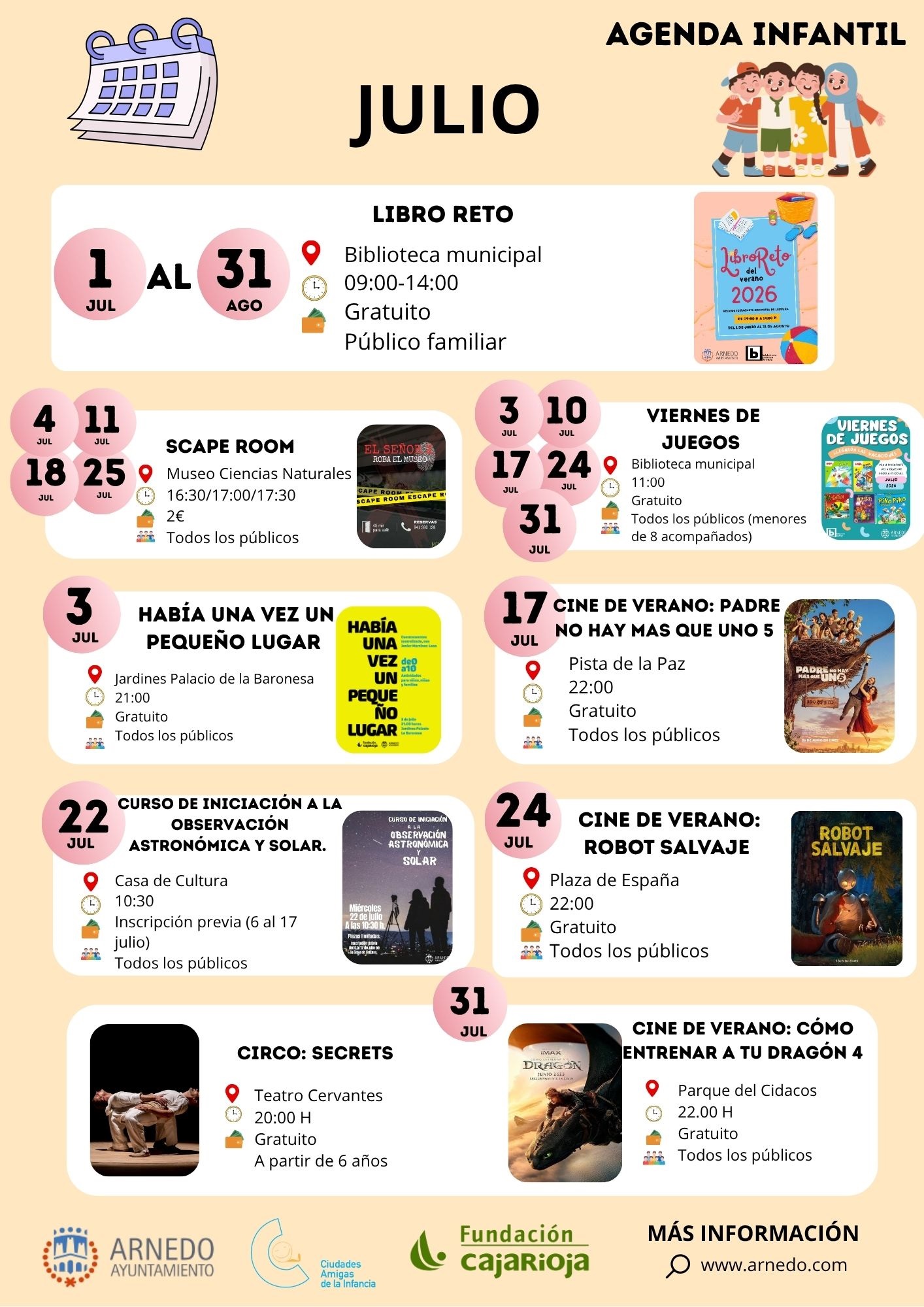 La agenda infantil de julio de Arnedo ofrecerá una amplia programación de actividades culturales y de ocio dirigidas al público familiar.